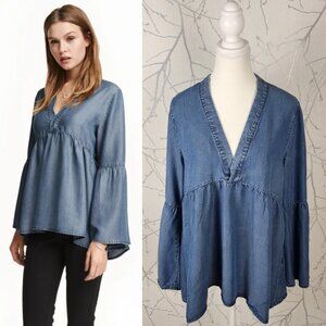 H&M Conscious Blue Chambray Tencel V-Neck Peplum Bell Sleeve Top